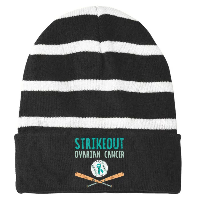 Strikeout Ovarian Cancer Baseball Teal Ribbon Awareness Striped Beanie with Solid Band