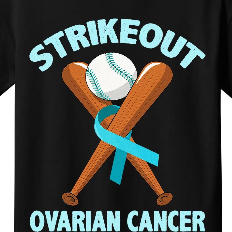 Strikeout Ovarian Cancer Baseball Teal Ribbon Awareness Kids T-Shirt