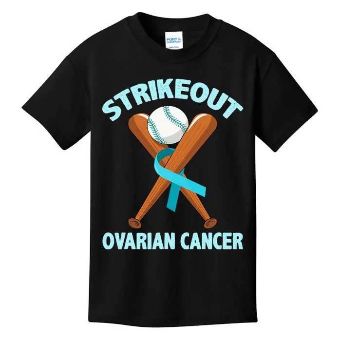 Strikeout Ovarian Cancer Baseball Teal Ribbon Awareness Kids T-Shirt