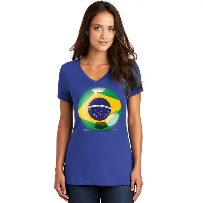 Soccer Ball Country Flag Brazil Women's V-Neck T-Shirt