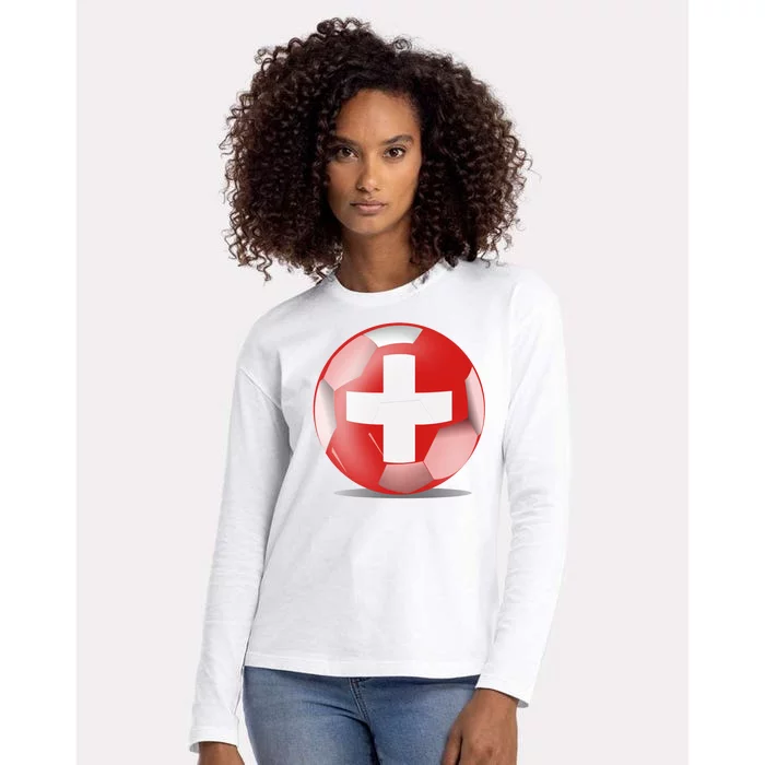 Soccer Ball Country Flag Switzerland Womens Cotton Relaxed Long Sleeve T-Shirt