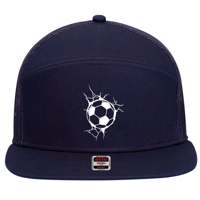 Soccer Ball Crashing Into Wall 7 Panel Mesh Trucker Snapback Hat