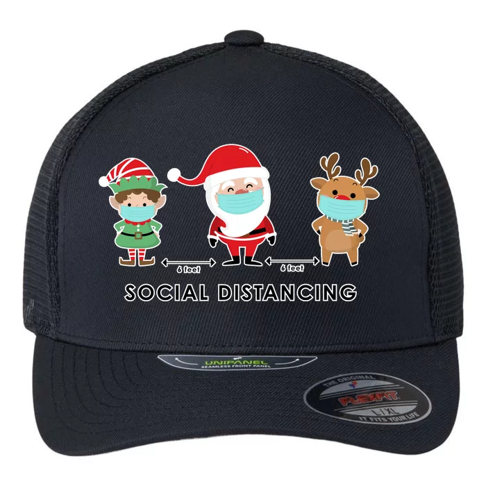 Social Distancing Funny Santa Claus Reindeer Elf Christmas Flexfit Unipanel Trucker Cap