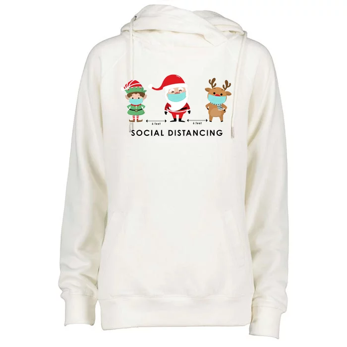 Social Distancing Funny Santa Claus Reindeer Elf Christmas Womens Funnel Neck Pullover Hood