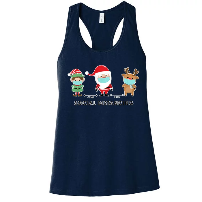 Social Distancing Funny Santa Claus Reindeer Elf Christmas Women's Racerback Tank