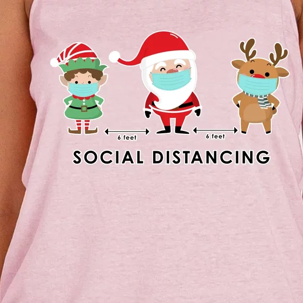 Social Distancing Funny Santa Claus Reindeer Elf Christmas Women's Knotted Racerback Tank