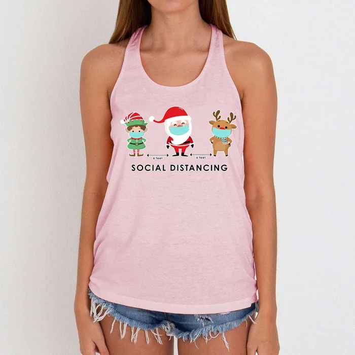 Social Distancing Funny Santa Claus Reindeer Elf Christmas Women's Knotted Racerback Tank