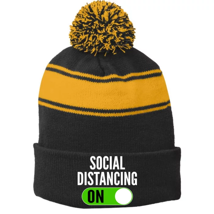 Social Distancing On Button Stripe Pom Pom Beanie