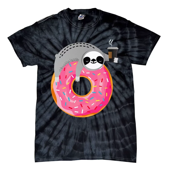 Sloth On Donut With Cup Of Steaming Coffee Tie-Dye T-Shirt