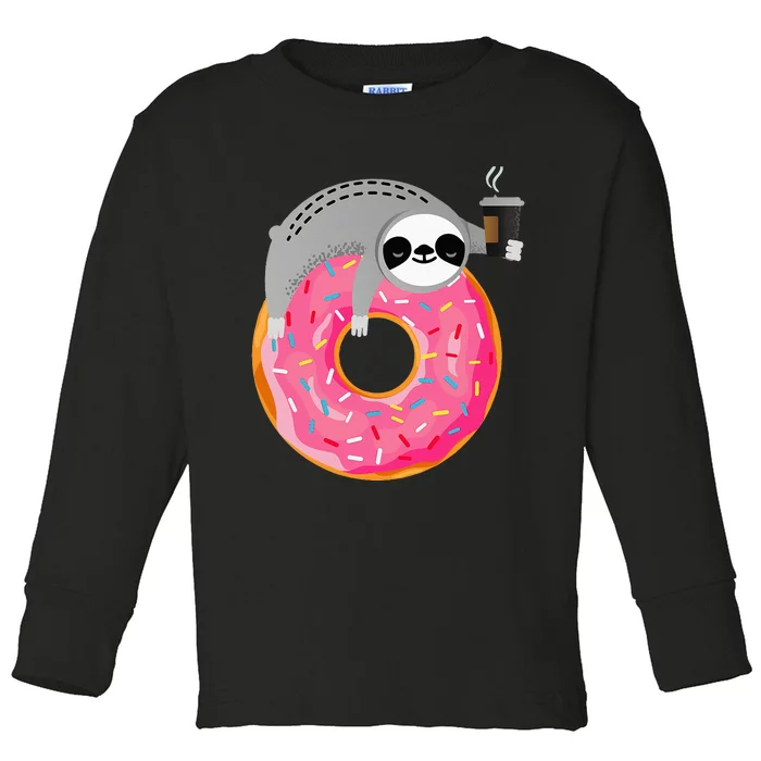 Sloth On Donut With Cup Of Steaming Coffee Toddler Long Sleeve Shirt