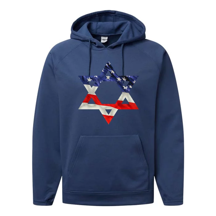 Star Of David American Flag Pro Israel Usa Israeli Jewish Performance Fleece Hoodie