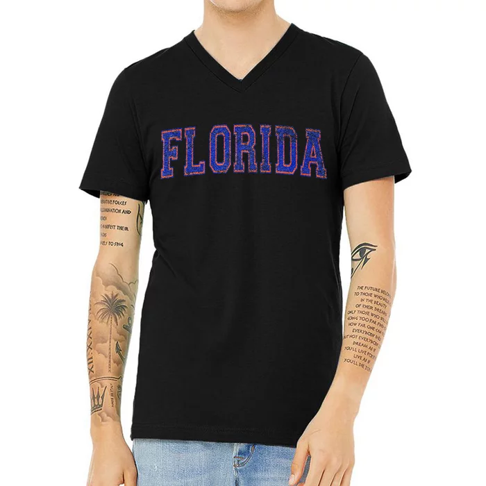 State Of Florida Varsity Blue Weathered Design V-Neck T-Shirt