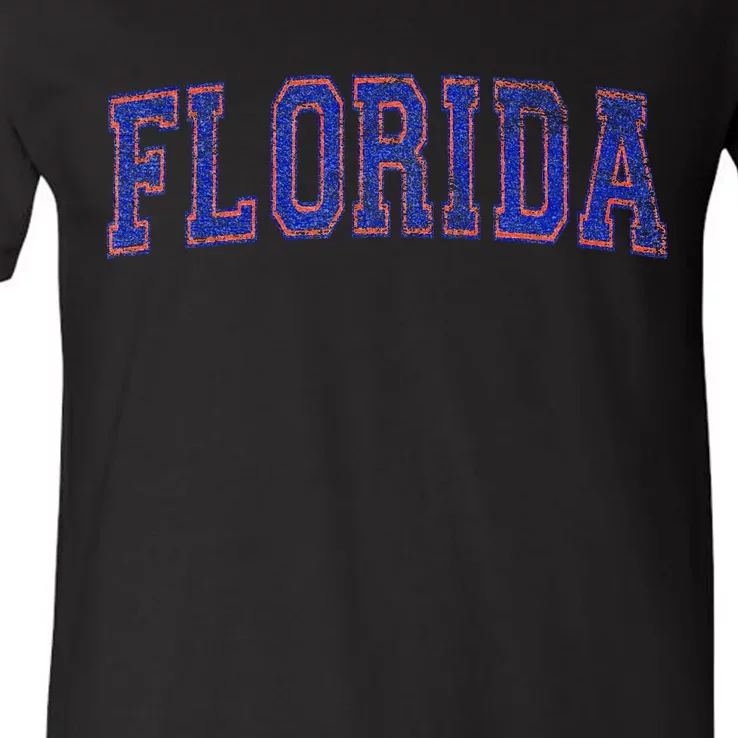 State Of Florida Varsity Blue Weathered Design V-Neck T-Shirt