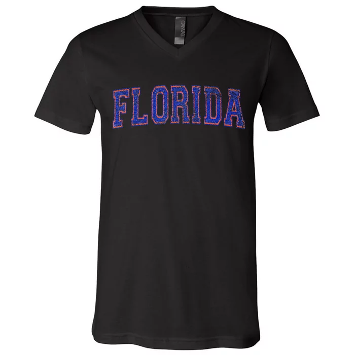 State Of Florida Varsity Blue Weathered Design V-Neck T-Shirt