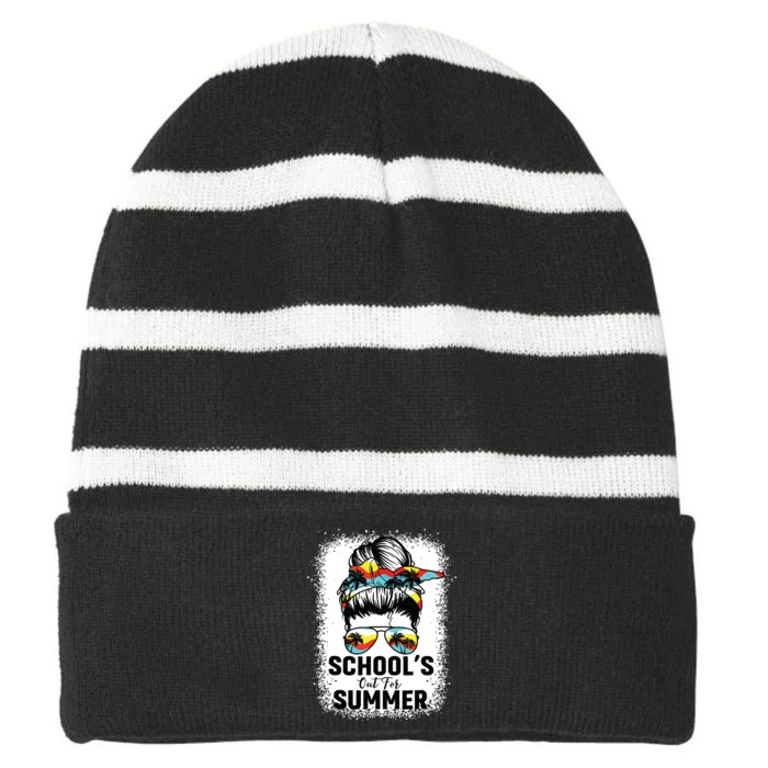 Schools Out For Summer Last Day Of School Teacher Messy Bun Striped Beanie with Solid Band