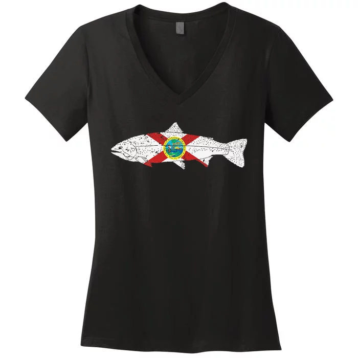 State Of Florida Fishing Flag Vintage Trout FL Women's V-Neck T-Shirt