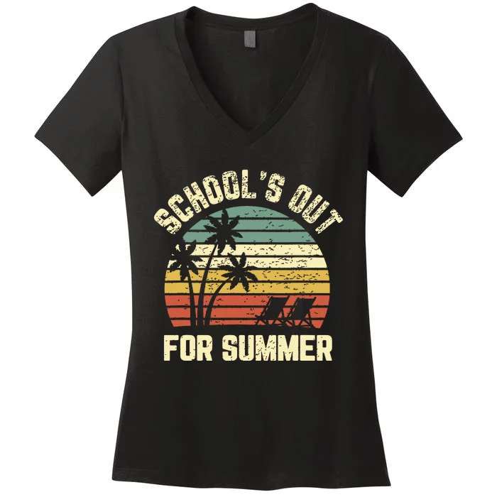 Schools Out For Summer Funny Retro Beach Vibe Summer Women's V-Neck T-Shirt