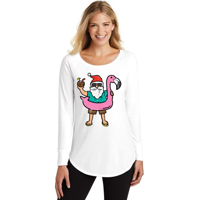 Santa On Flamingo Floatie Cute Christmas In July Xmas Summer Women's Perfect Tri Tunic Long Sleeve Shirt