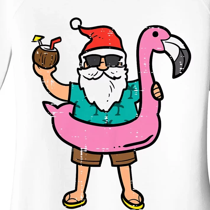 Santa On Flamingo Floatie Cute Christmas In July Xmas Summer Women's Perfect Tri Tunic Long Sleeve Shirt