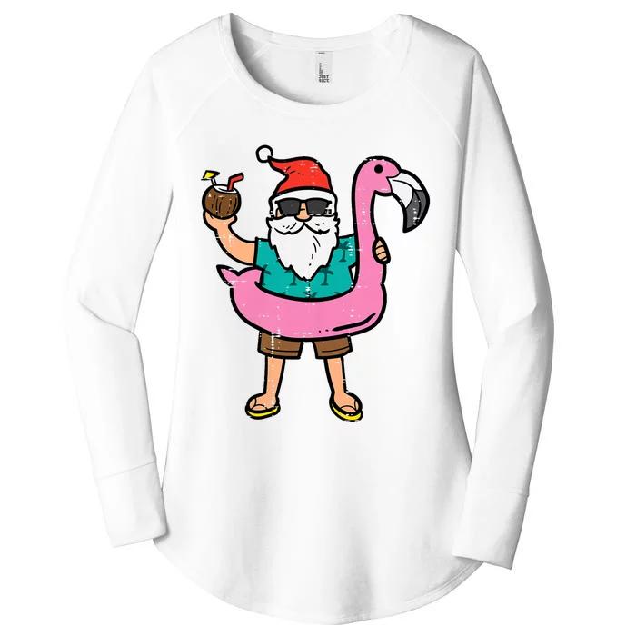 Santa On Flamingo Floatie Cute Christmas In July Xmas Summer Women's Perfect Tri Tunic Long Sleeve Shirt