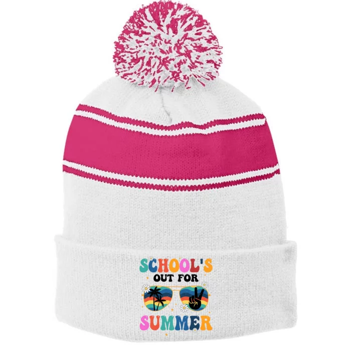 Schools Out For Summer Hippie Retro Stripe Pom Pom Beanie