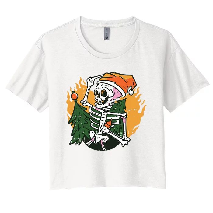 Skeleton On Fire Christmas Pajama Cool Skull Bones Xmas Women's Crop Top Tee