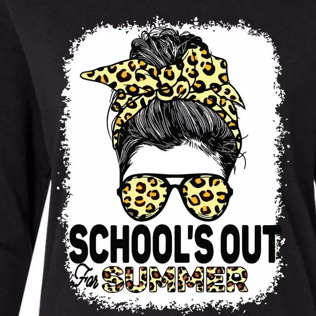 Schools Out For Summer Teacher Leopard Messy Bun Bleached Womens Cotton Relaxed Long Sleeve T-Shirt