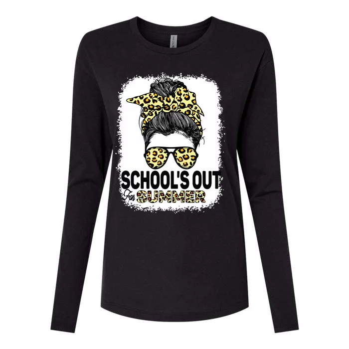 Schools Out For Summer Teacher Leopard Messy Bun Bleached Womens Cotton Relaxed Long Sleeve T-Shirt