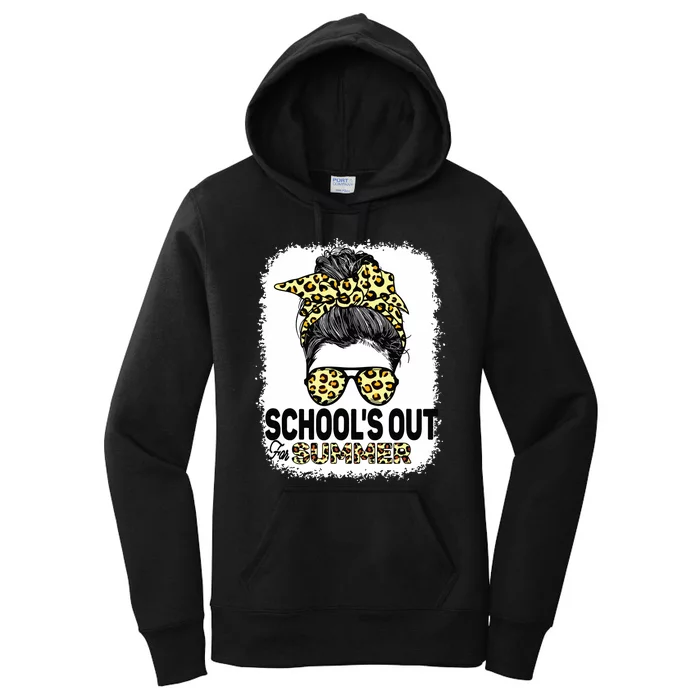 Schools Out For Summer Teacher Leopard Messy Bun Bleached Women's Pullover Hoodie