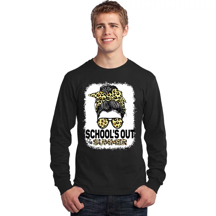 Schools Out For Summer Teacher Leopard Messy Bun Bleached Tall Long Sleeve T-Shirt