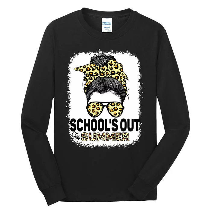 Schools Out For Summer Teacher Leopard Messy Bun Bleached Tall Long Sleeve T-Shirt