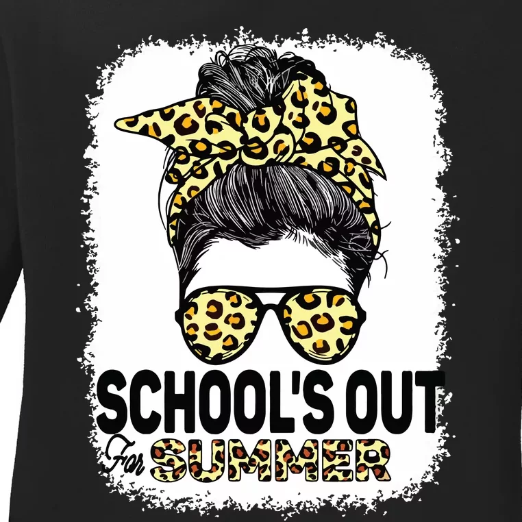 Schools Out For Summer Teacher Leopard Messy Bun Bleached Ladies Long Sleeve Shirt