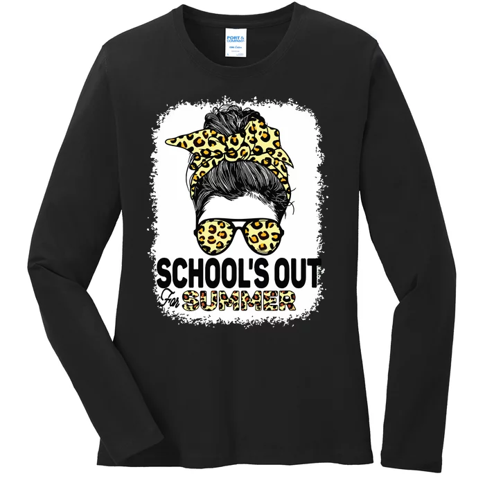 Schools Out For Summer Teacher Leopard Messy Bun Bleached Ladies Long Sleeve Shirt