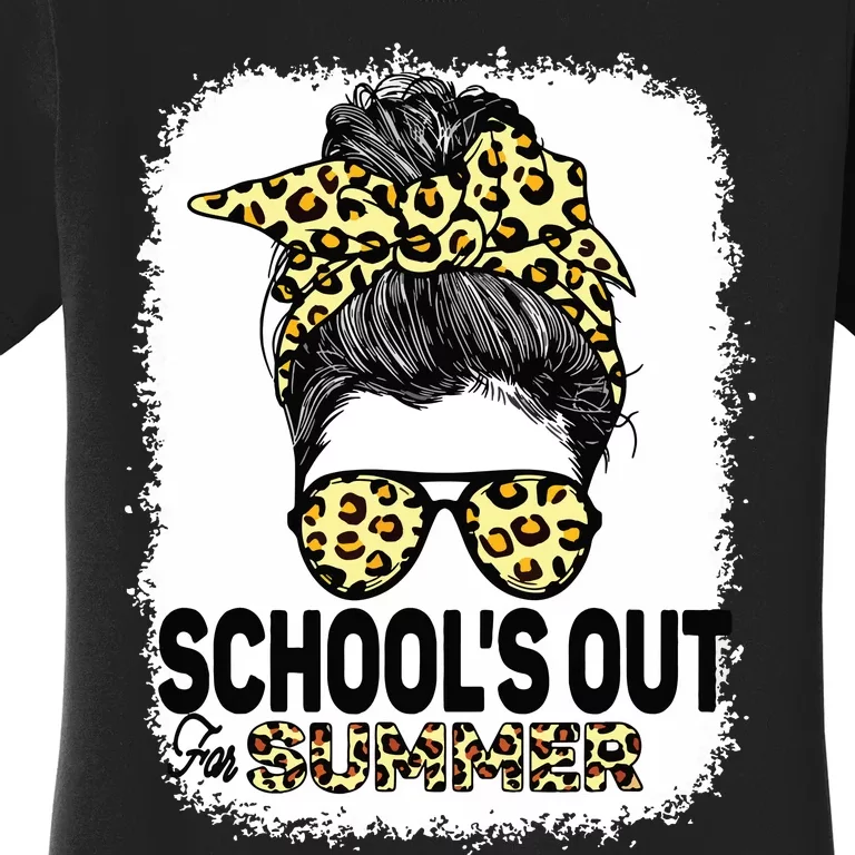 Schools Out For Summer Teacher Leopard Messy Bun Bleached Women's T-Shirt