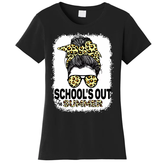 Schools Out For Summer Teacher Leopard Messy Bun Bleached Women's T-Shirt