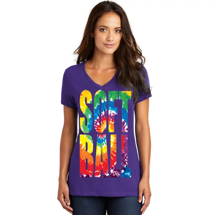 Softball Retro Tie Dye Women's V-Neck T-Shirt