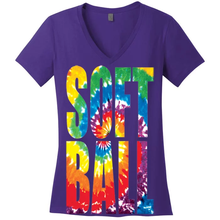 Softball Retro Tie Dye Women's V-Neck T-Shirt