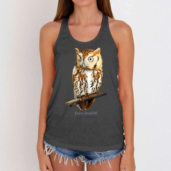 Screech Owl Graphic Birder Wildlife Bird Watching Women's Knotted Racerback Tank