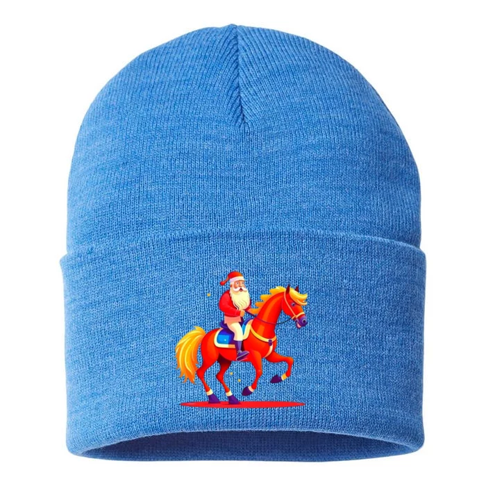 Santa On Horseback A Perfect Festive Christmas Xmas Graphic Cute Gift Sustainable Knit Beanie