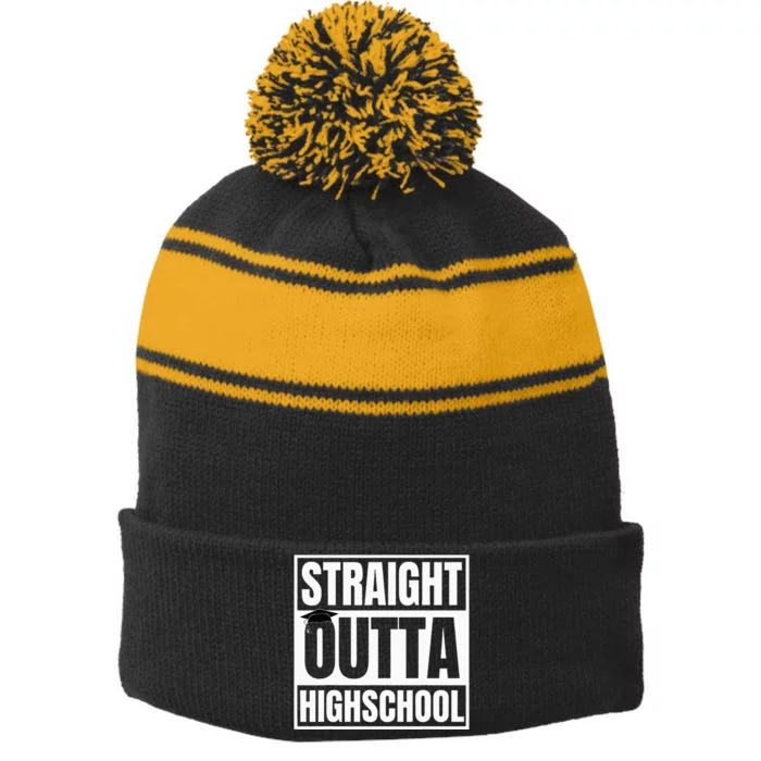 Straight Outta Highschool Graduation First Day Of School Stripe Pom Pom Beanie