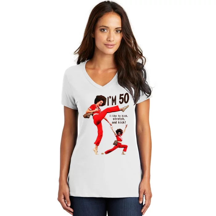 Sally OMalley IM 50 I Like To Kick Streth And Kick Women's V-Neck T-Shirt