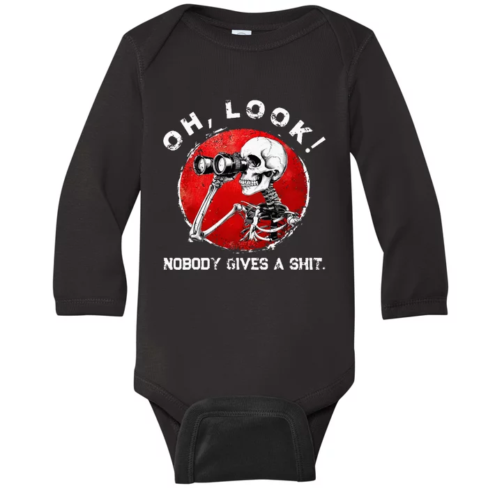 Skeleton Oh Look Nobody Gives A Shit Baby Long Sleeve Bodysuit