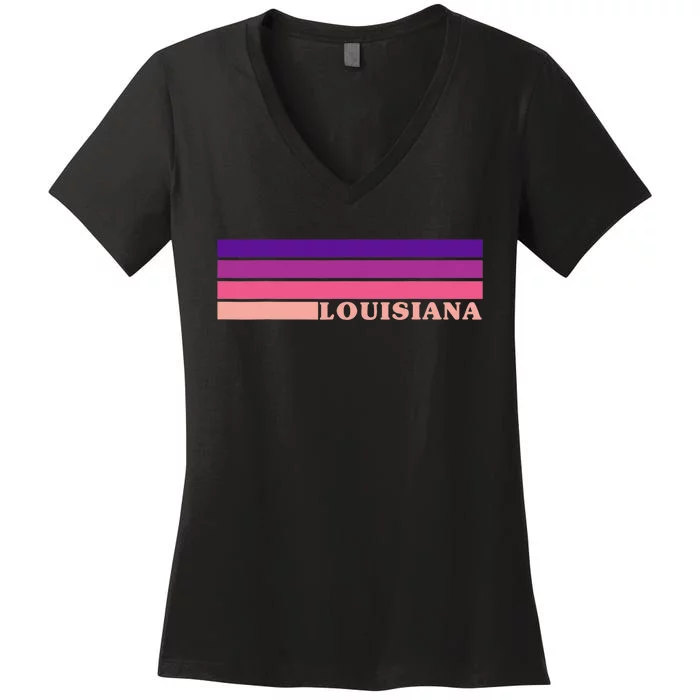 State Of Louisiana Colorful 70s Style Retro Stripes Women's V-Neck T-Shirt