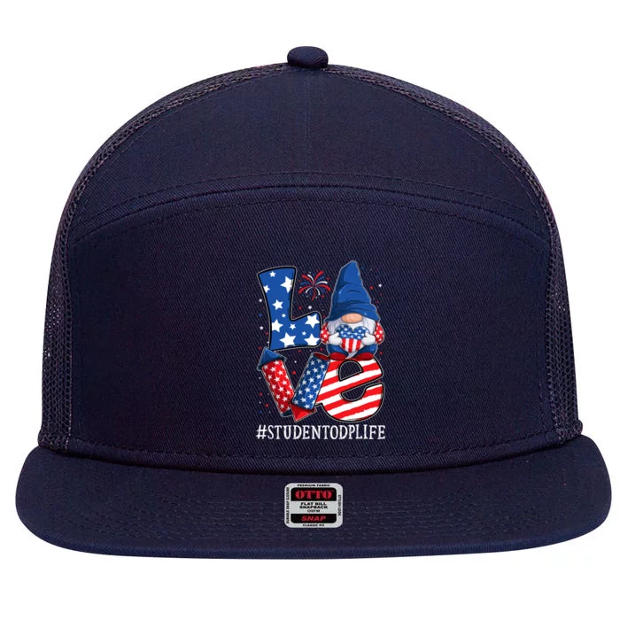 Student Odp Love 4th Of July Gnome Usa Patriotic Cool Gift 7 Panel Mesh Trucker Snapback Hat