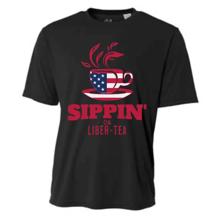 Sippin On Liber Tea American Flag Funny Holiday Slogans Cooling Performance Crew T-Shirt