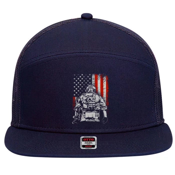 Solider US Flag Support The Troops 7 Panel Mesh Trucker Snapback Hat