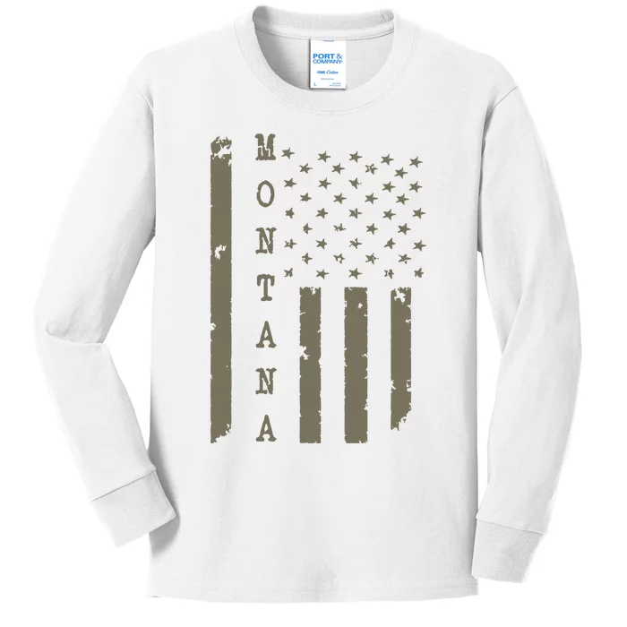 State Of Montana Vintage American Flag Kids Long Sleeve Shirt