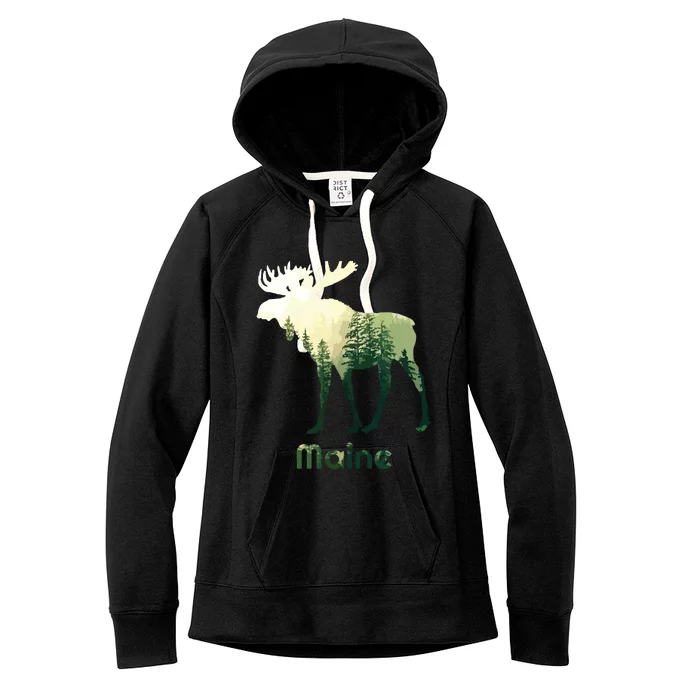 State Of Maine Moose Forest Tree Hunter Wildlife Women's Fleece Hoodie