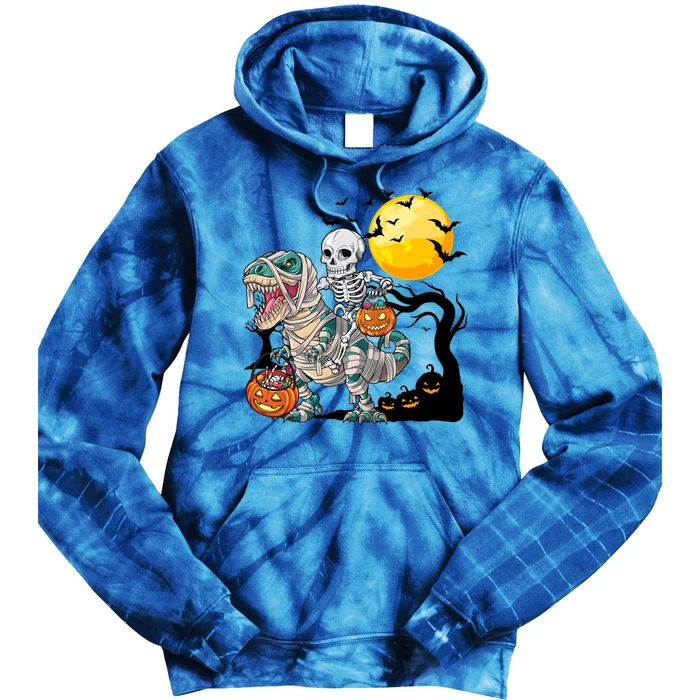 Skeleton On Mummy Dinosaur Halloween Candy Grab Gift Tie Dye Hoodie