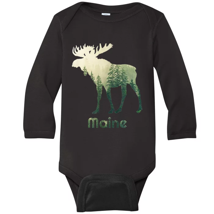 State Of Maine Moose Forest Tree Hunter Wildlife Baby Long Sleeve Bodysuit